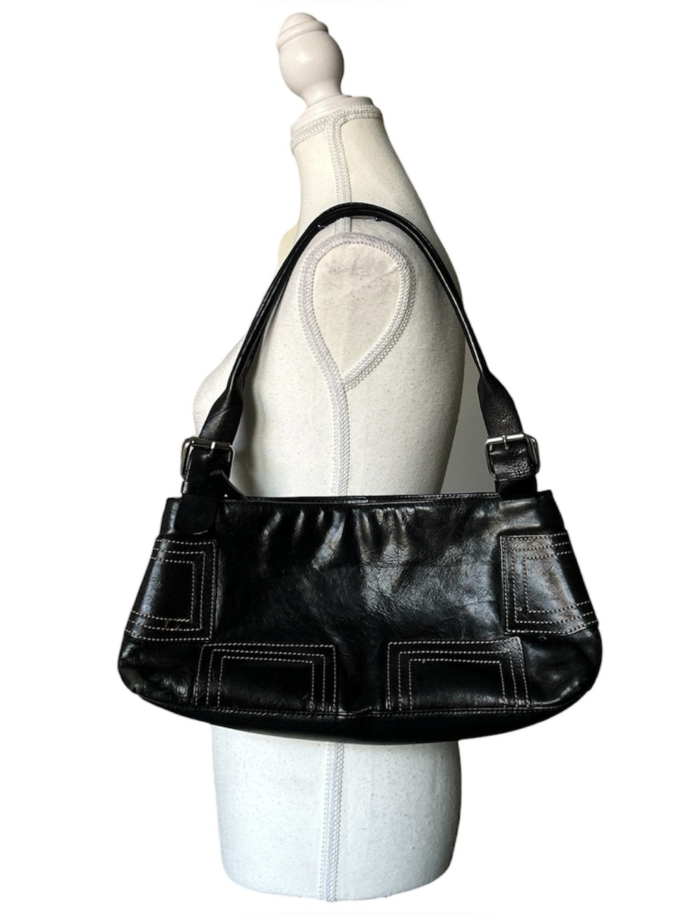 Y2K Grunge “Arnold” Black Contrast Panel Stitch Style Leather Shoulder Bag